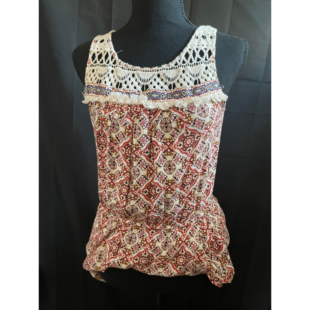 XHILARATION Women's Boho Lace Trim Geometric Print Romper Size M Festival Chic